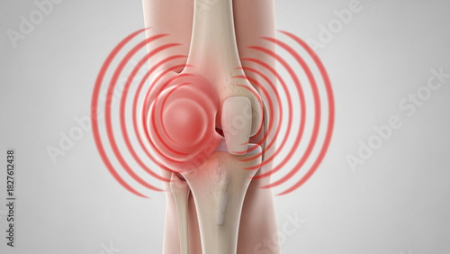 Illustration of a knee joint with red circles indicating pain and inflammation around the knee area
