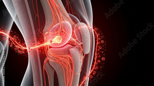 Anatomical illustration of a human knee joint with nerves and blood vessels highlighted in red color