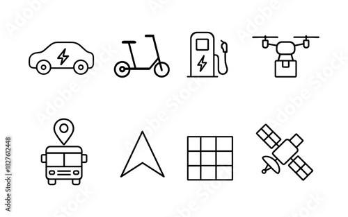 Electric mobility icons: car, scooter, charging, drone, and more in linear style