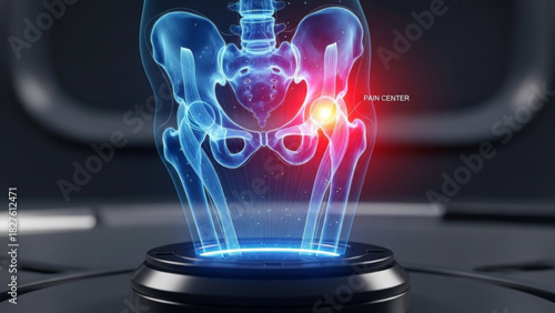 Holographic hip joint with pain center highlighted in red on a futuristic platform display