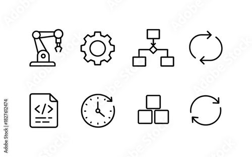 Minimalist linear icons of technology and workflow in black and white