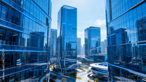 Sleek Glass Skyscrapers in a Futuristic Blue Metropolis