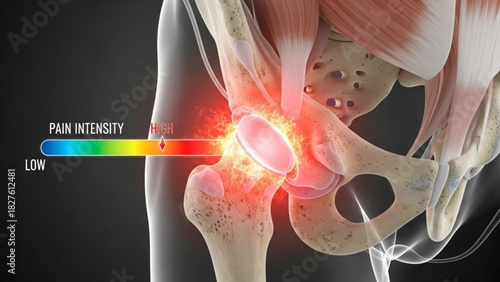 Illustration depicting hip joint pain with high intensity indicated by red color and pain scale bar
