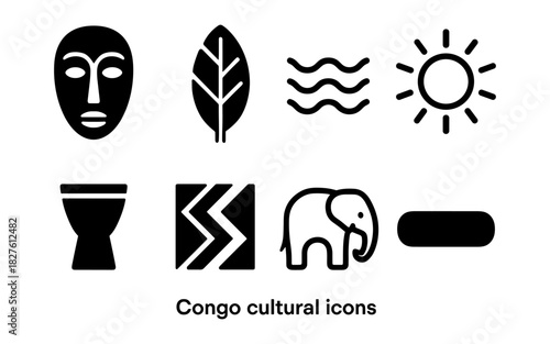 African cultural symbols collection: mask, sun, elephant, drum, nature and patterns