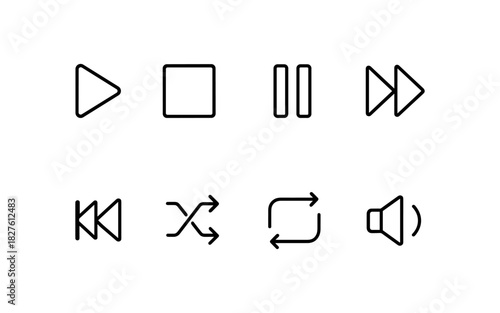 Minimalist media control icons set featuring play, pause, stop, and volume symbols