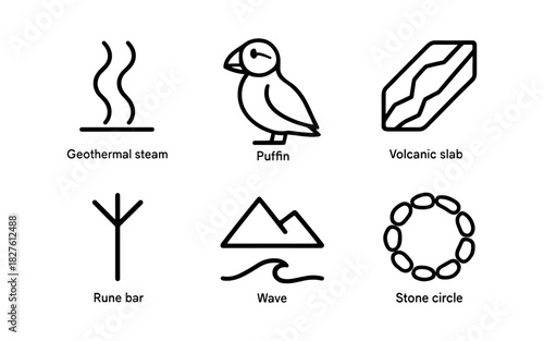 Geothermal steam, puffin, volcanic slab: modern line icons of icelandic nature and culture