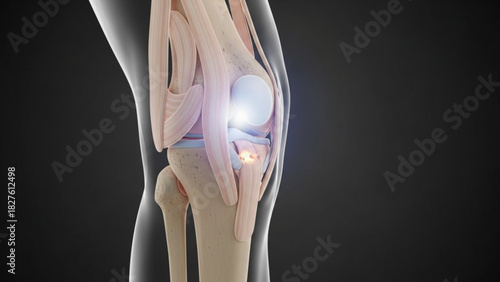 Anatomical rendering of a human knee joint with bones ligaments and cartilage shown in detail anatomy