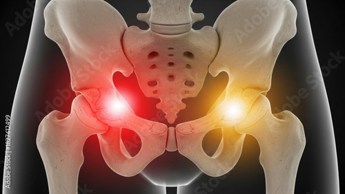 Anatomical illustration of the pelvis and upper femurs with pain indicators highlighted in red and yellow