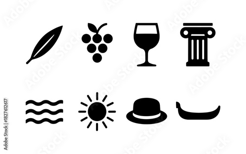 Silhouette icons of culture and leisure: feather, grapes, wine glass, column, waves, sun, hat, canoe