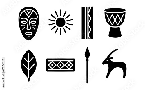 African tribal silhouettes: mask, drum, sun, leaf, spear, antelope design elements