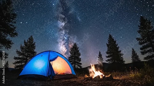 Loopable Night Camping Scene: Glowing Blue Tent,Crackling Campfire,and Starry Sky