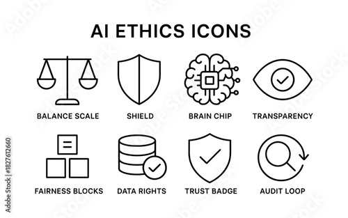 Ai ethics icons: balance, security, transparency, and trust in technology