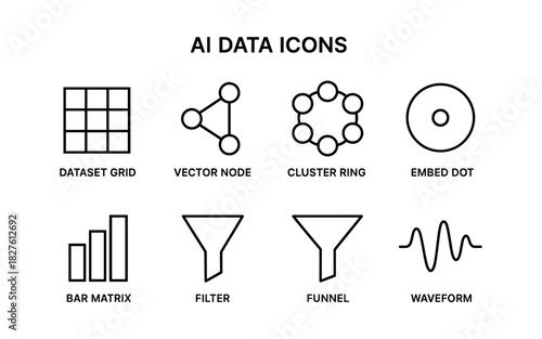 Minimalist ai data icon set featuring grid, node, cluster ring, and more in linear style