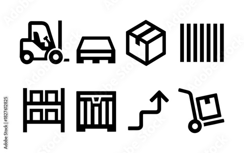 Warehouse and logistics icons: forklift, barcode, and more for efficient management