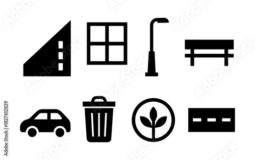 Urban icon set: simplistic black silhouettes of city elements