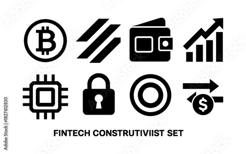 Modern fintech icons set: cryptocurrency, security, growth, and digital commerce