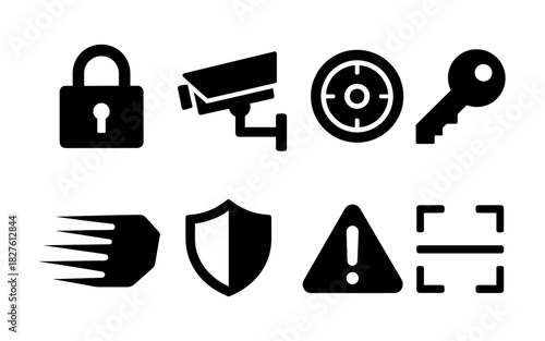 Security icons: padlock, camera, key, shield, warning symbol in simple black silhouette style