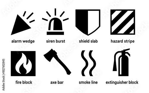 Emergency icons set: alarm, siren, shield, hazard, fire, axe, smoke, extinguisher