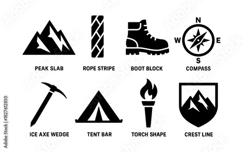 Outdoor adventure icon set: hiking, camping, mountain exploration symbols