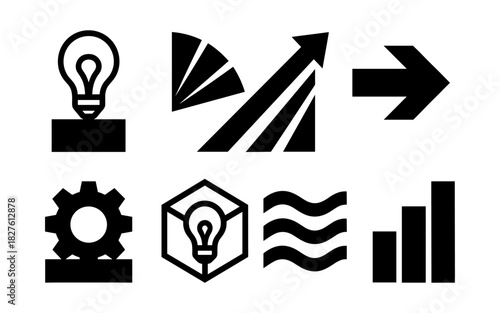 Bold icon set representing innovation, growth, and progress with geometric shapes