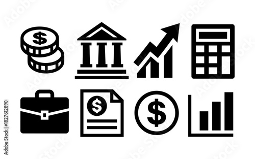Set of black finance icons featuring money, bank, and growth symbols