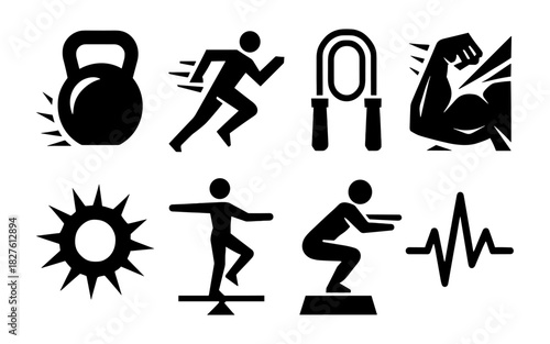 Dynamic fitness symbols in bold silhouette style for diverse exercise concepts