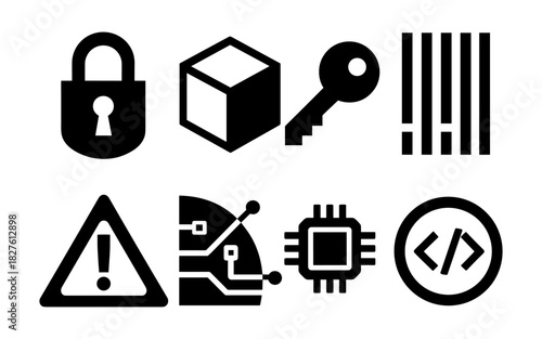 Cyber security icons set: lock, key, code, circuit, alert in bold black design