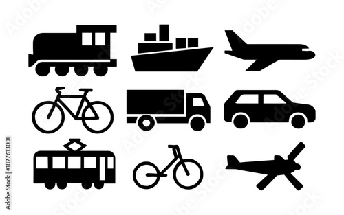 Silhouette icons of various transportation modes including train, plane, and bicycle