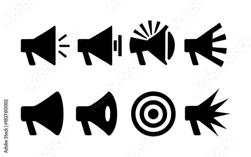 Silhouette set of various megaphone icons and sound waves