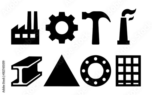 Silhouette industrial icons set: factories, tools, and machinery symbols