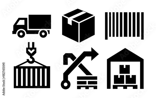 Silhouette icons: cargo transportation and warehouse logistics