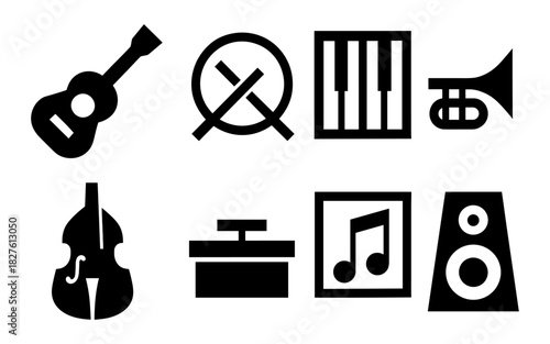 Musical instrument icons set: guitar, piano, trumpet, drum, and speaker designs