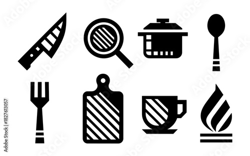 Kitchen utensils icons set in bold black silhouette style