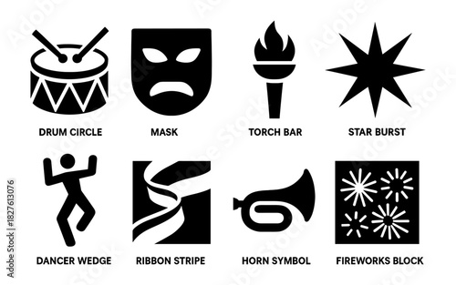 Bold silhouette icons of drum, mask, torch, and more classic symbols