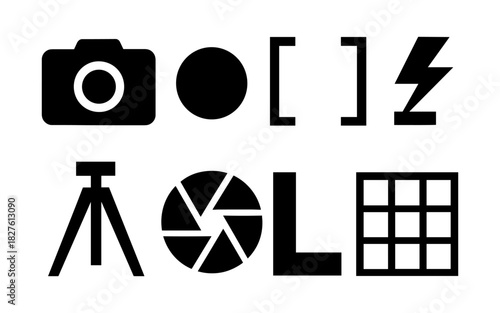 Photography icon set: camera, flash, aperture, and more in bold silhouette design