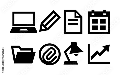 Black and white office icons set: laptop, pencil, documents, calendar, folder, clip, lamp, graph