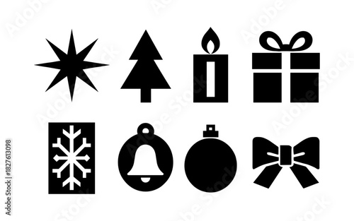 Festive holiday silhouette icons featuring christmas tree, candle, and gift box