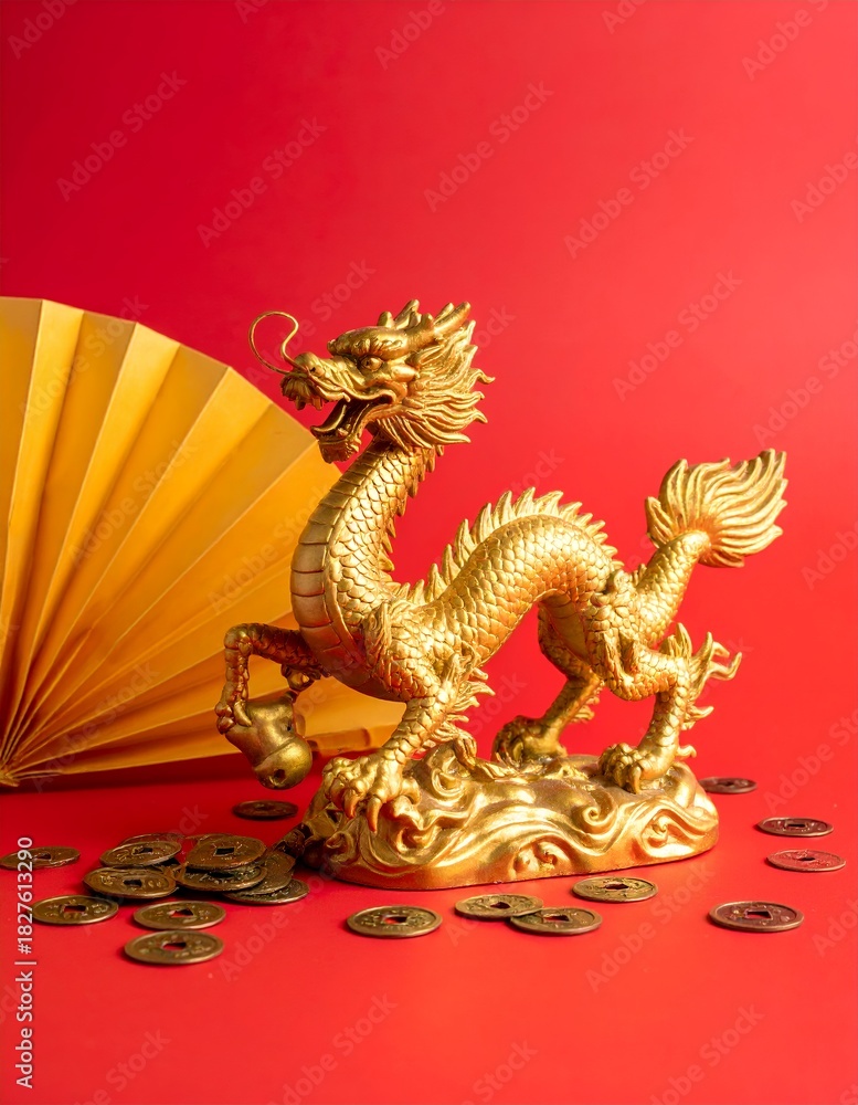 Fototapeta premium Golden Dragon Figurine with Chinese Coins and Fan on Red Background.