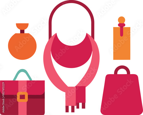 Vector illustration of mother's accessories including purse earrings and necklace stylish fashion elements