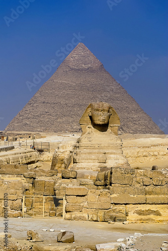 Front View of the Great Sphinx of Giza with the Pyramid of Khafre Rising Majestically Behind in Egypt