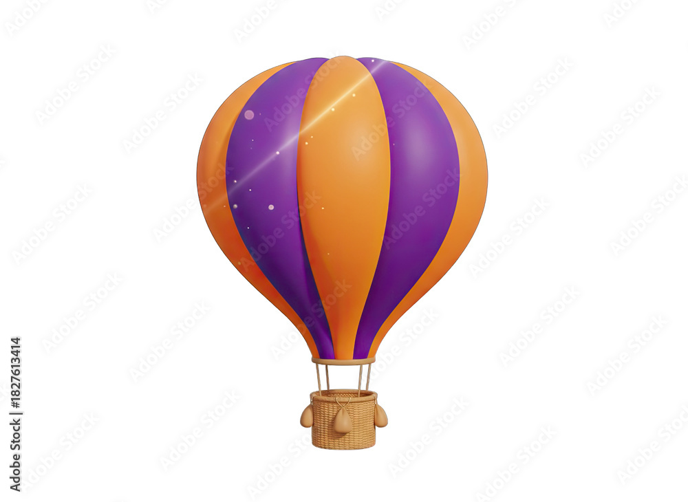 Fototapeta premium A realistic 3D rendering of a hot air balloon with alternating purple and orange panels, suspended in the air with subtle sparkling highlights against a transparent background