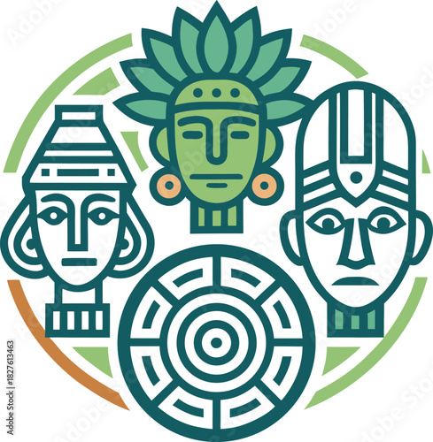 Tribal Mask Icons with Geometric Symbol – Ethnic Cultural Vector Design