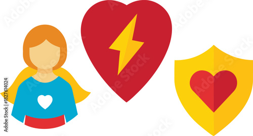 Superhero mom vector icons featuring heart shield lightning bolt and mom figure