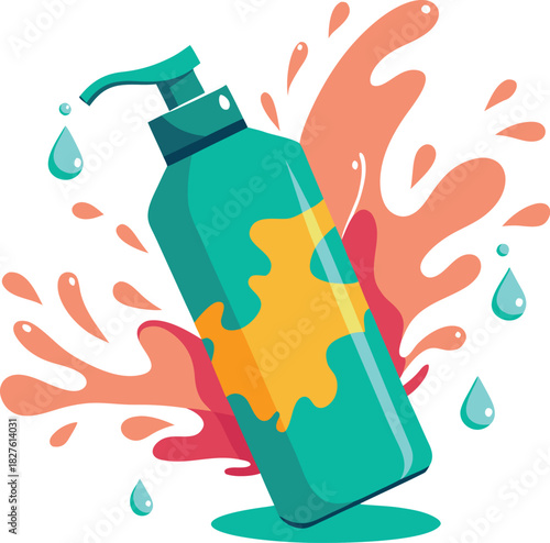 Vibrant flat vector illustration of a modern pump dispenser bottle with colorful liquid splashes, representing hygiene, skincare, and freshness