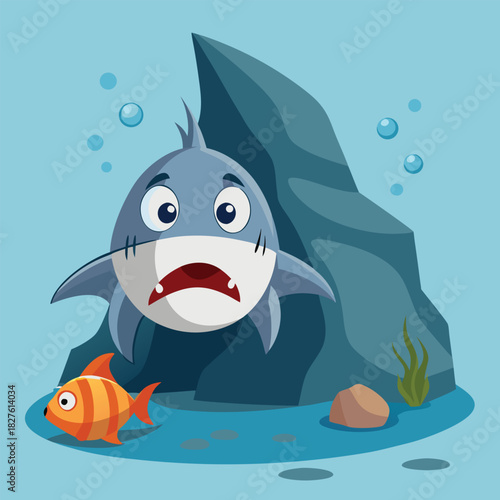 Cartoon shark animal wildlife illustration vector swimming underwater with a big fish character in the blue ocean wave design art