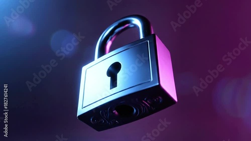 A close-up of a shiny, metallic lock, illuminated by a gradient of blue and pink light