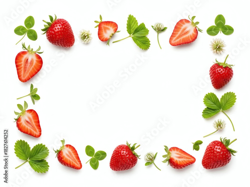 An image of strawberries floating against a professional-quality white background.And clover. Design frame.