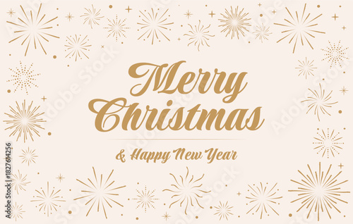 Merry Christmas and Happy New Year Banner or Card with Fireworks and Text. Modern Xmas Background for banner, card, cover, poster. Vector Template.