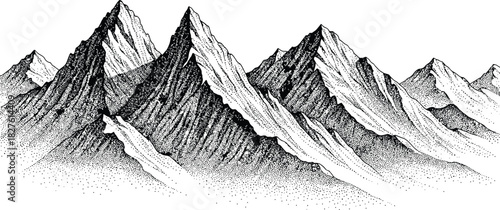 Detailed pen and ink drawing of a mountain range landscape