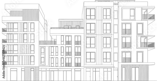 Architectural drawing of modern apartment buildings with balconies and windows